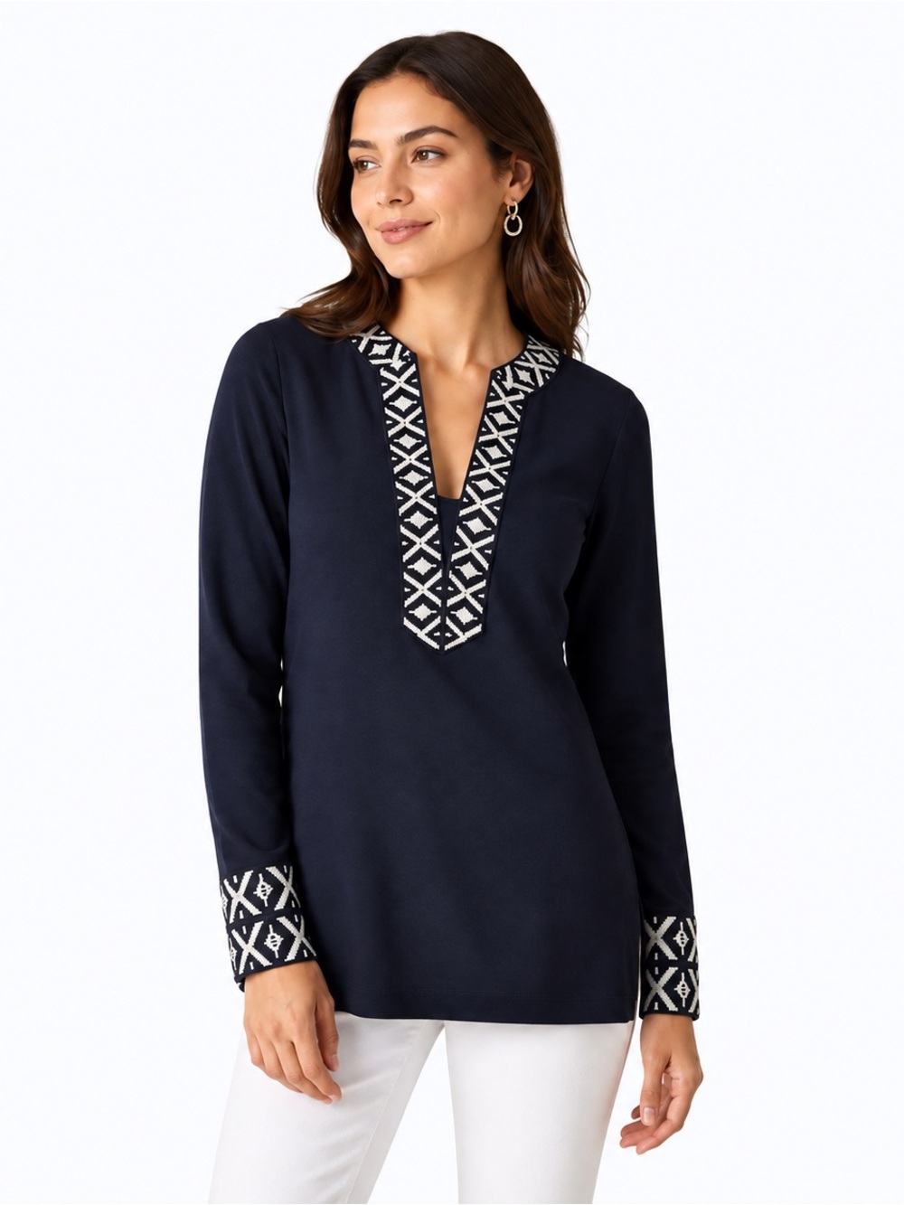 Tory Burch Navy Graphic Trim V-Neck Tunic Top Size 14
